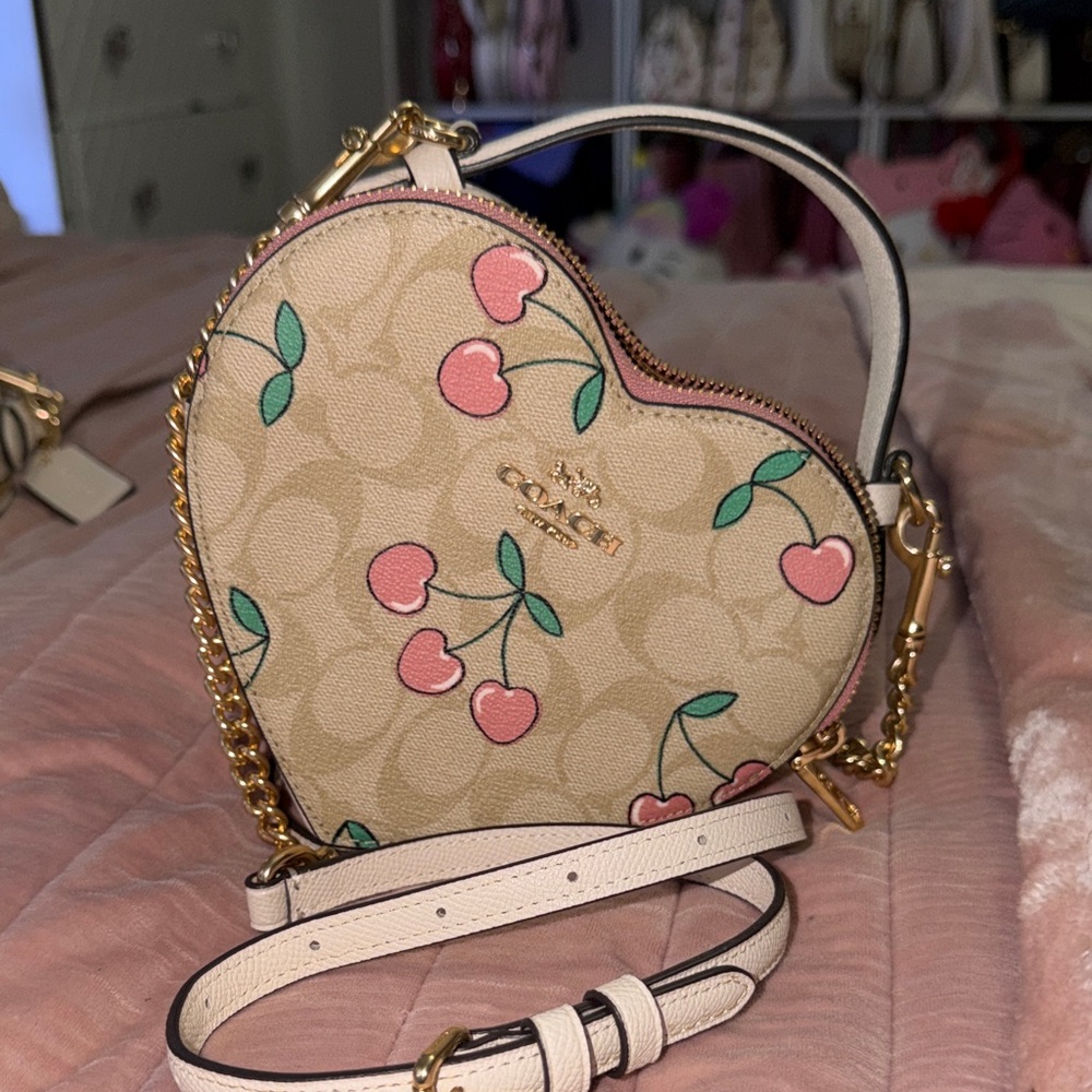 Coach Heart Crossbody Bag in Beige with Pink Cherry Print